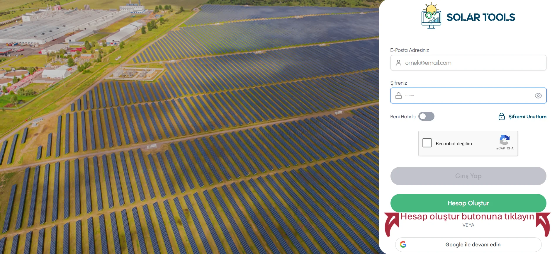 SolarTools kayıt ekranı