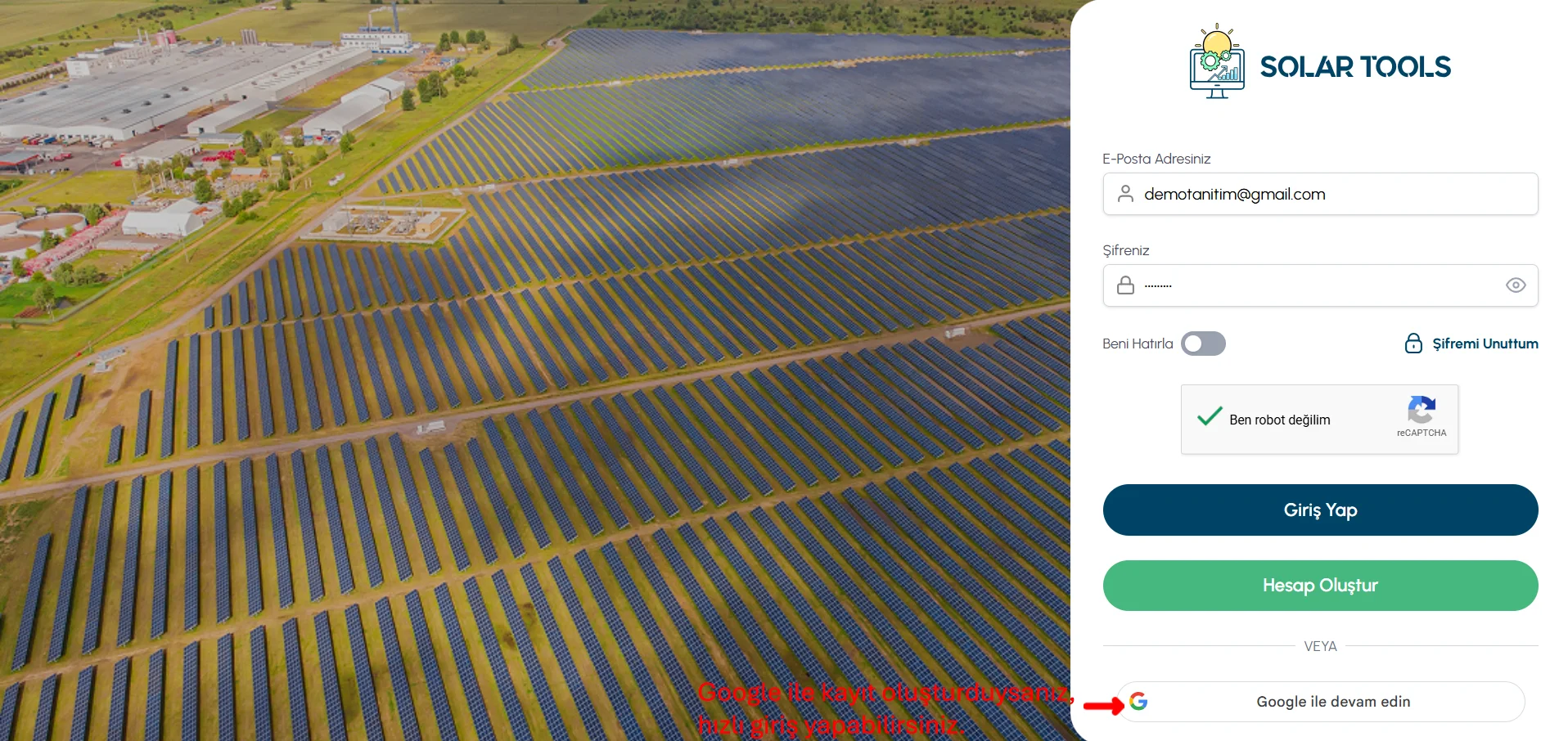 SolarTools Google giriş