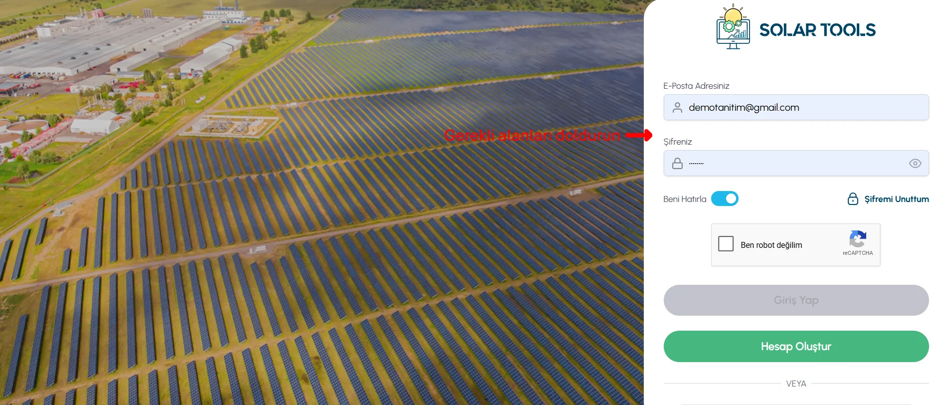 SolarTools giriş ekranı