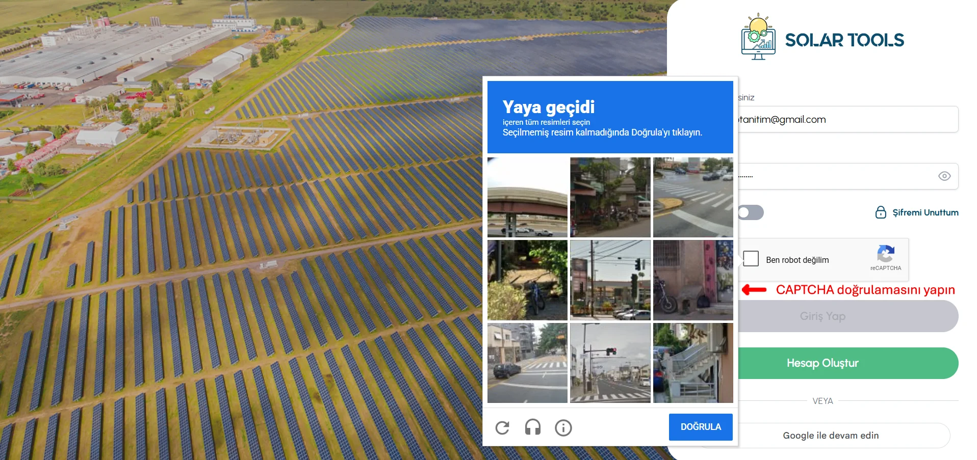 SolarTools şifre ekranı