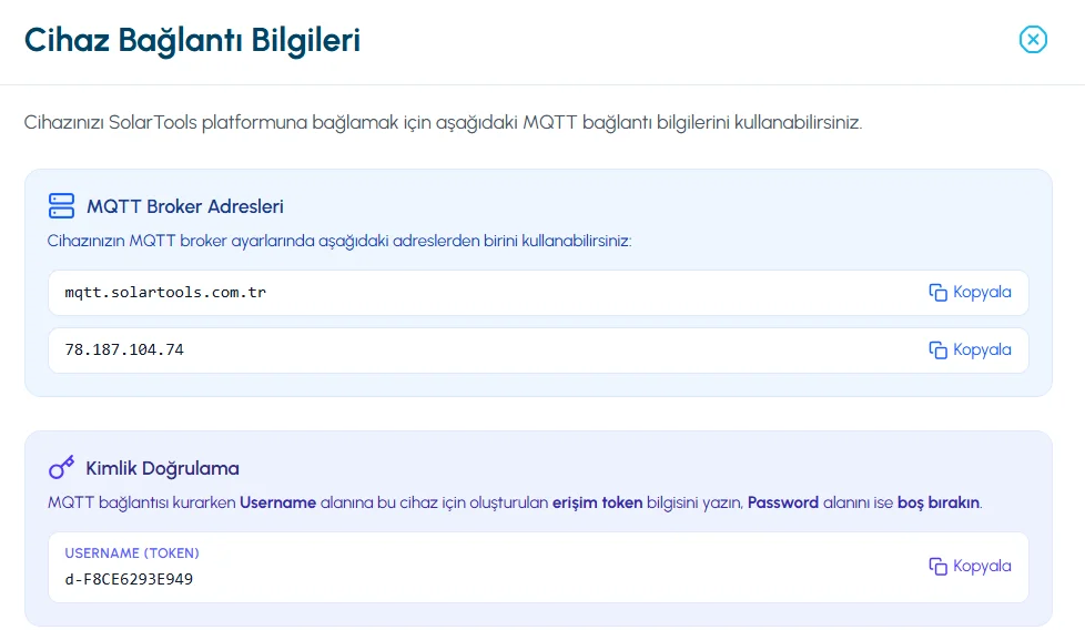 MQTT broker bağlantı bilgileri