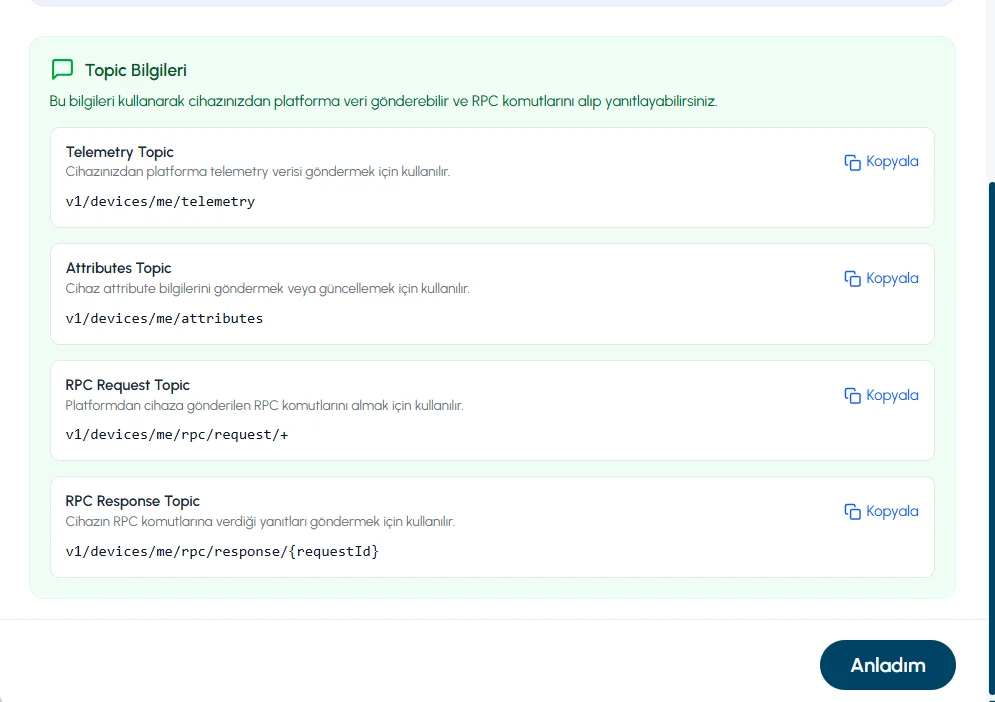 MQTT topic yapılandırma bilgileri