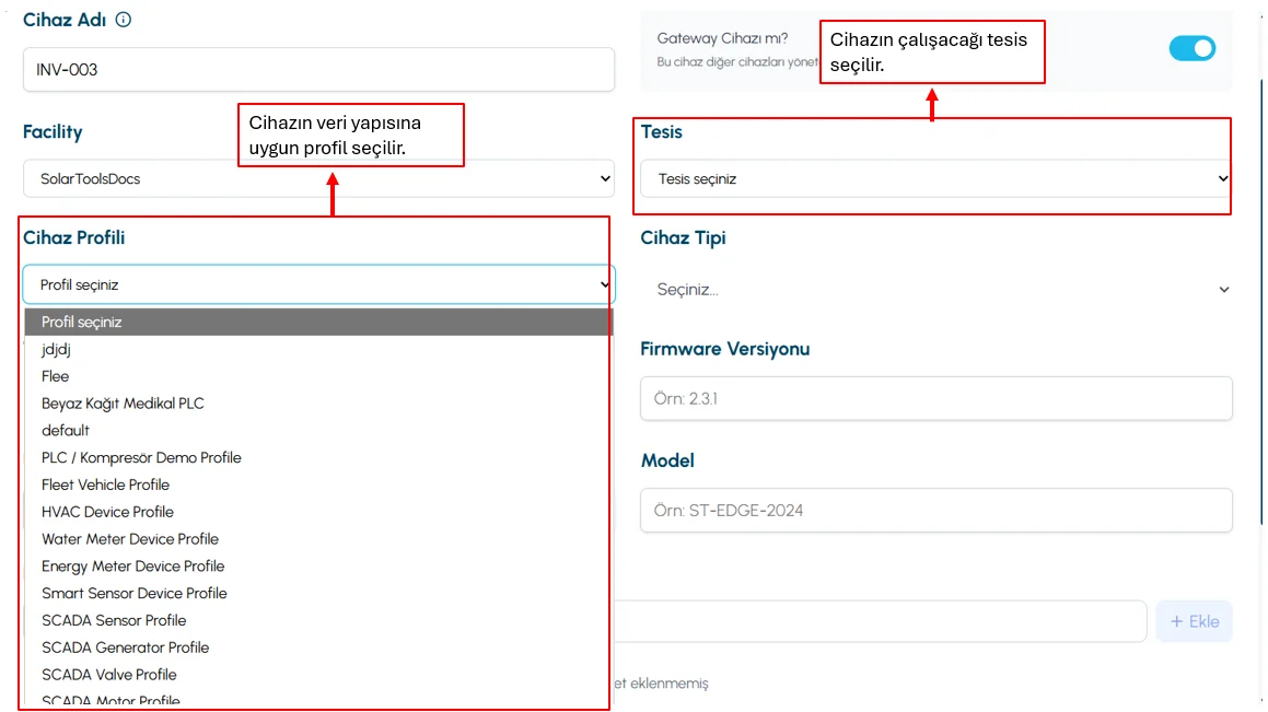 Device profile and facility selection