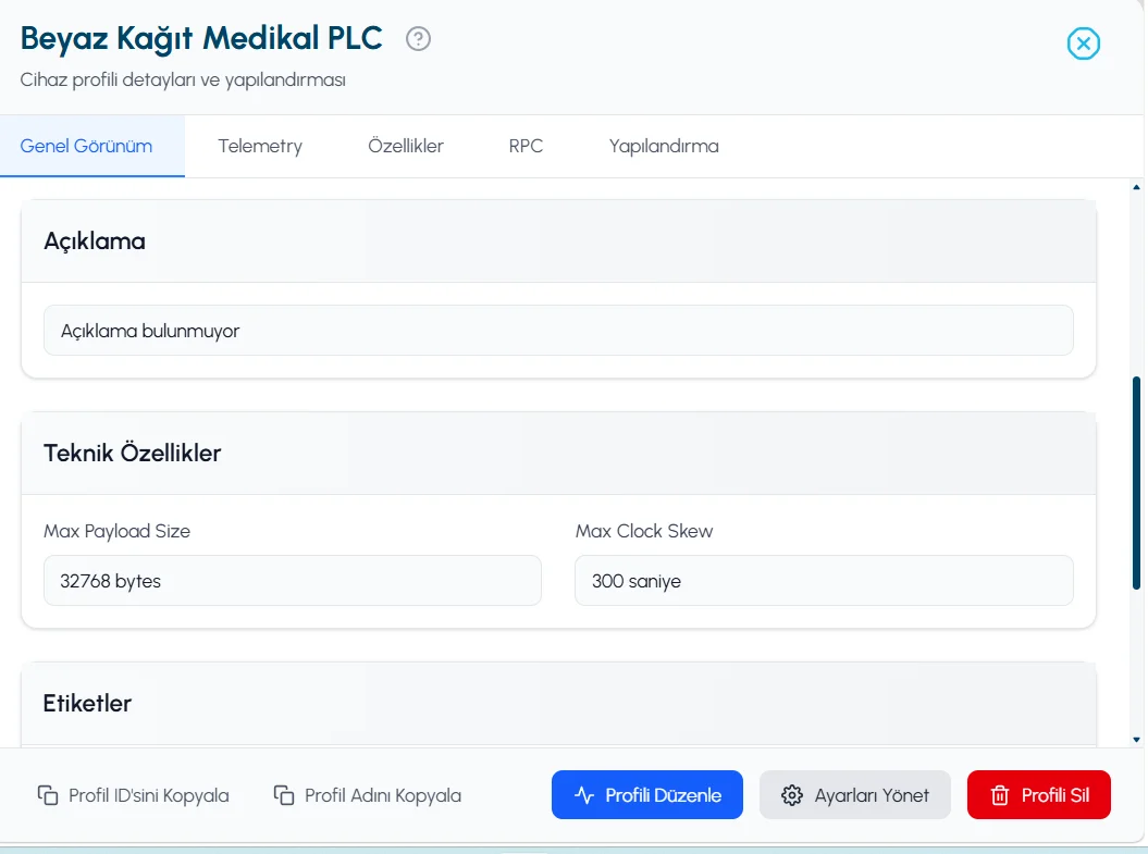 Device profile description and technical properties