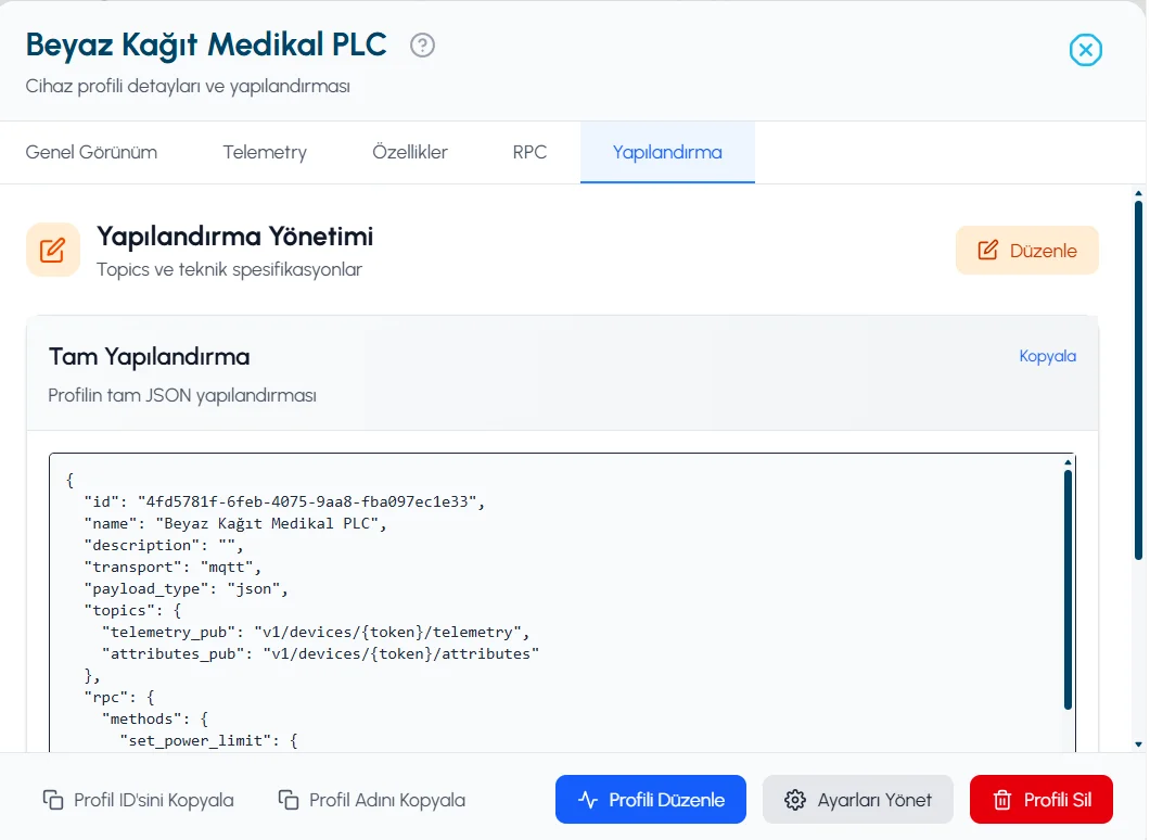 Device profile configuration screen