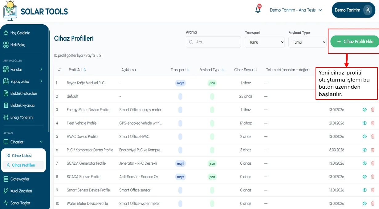 Profile name and transport configuration