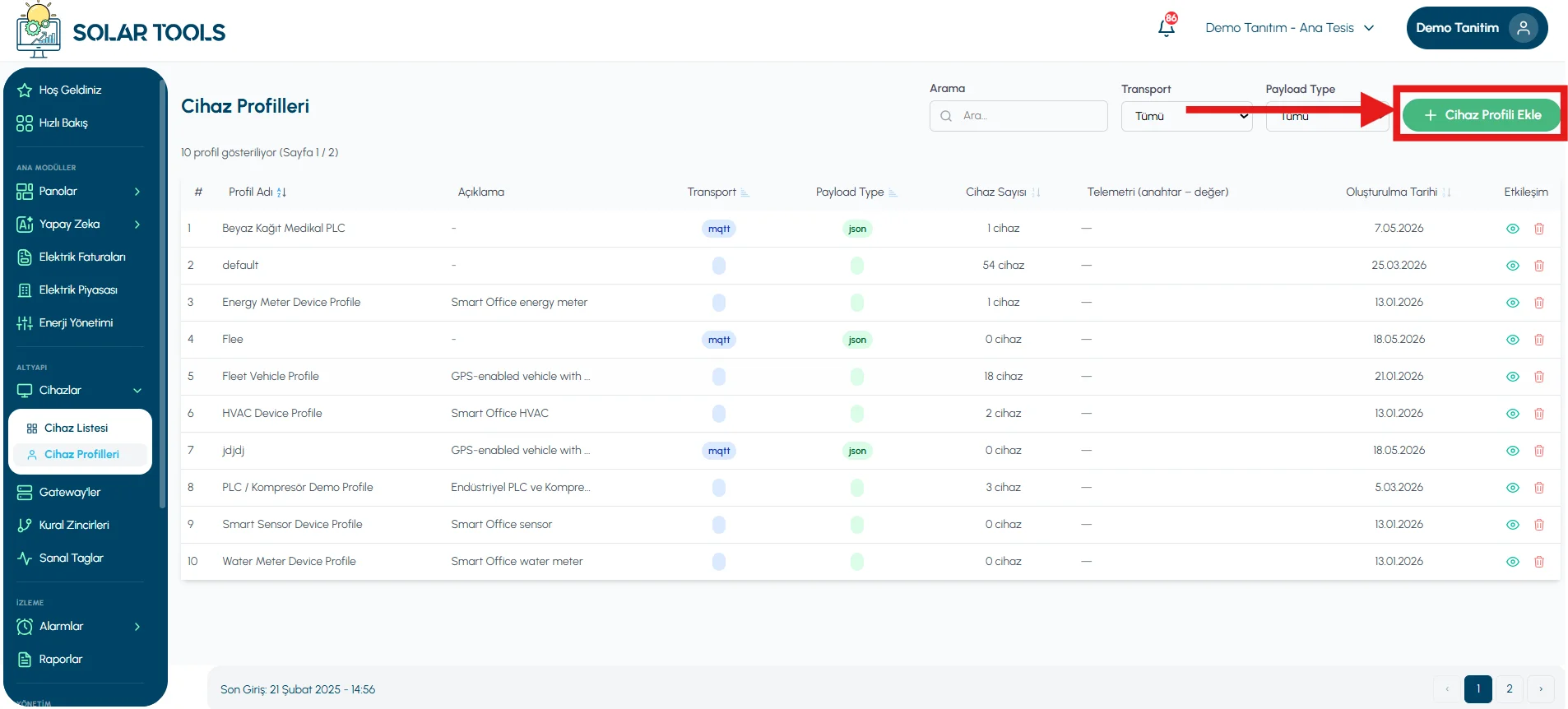 Device Profiles list and the + Add Device Profile button