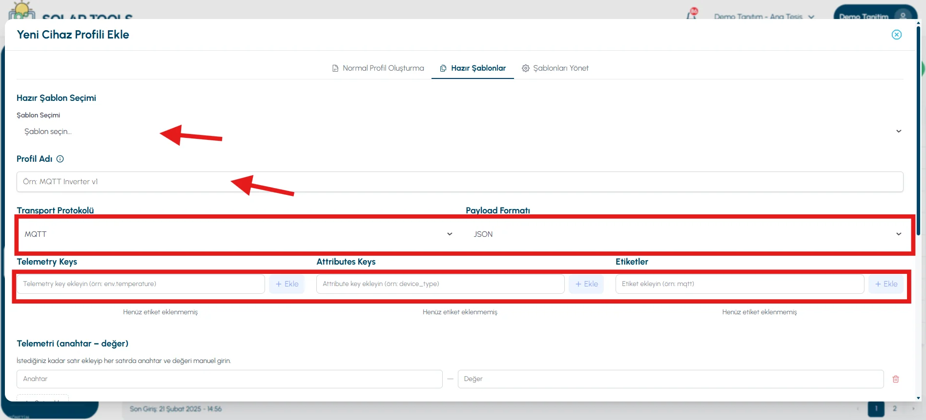 Ready-made Templates tab — template selection and profile name