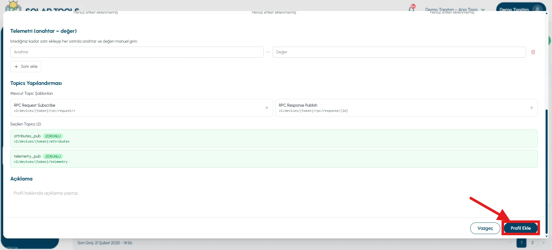 Ready-made Template tab — Topics configuration and Description section