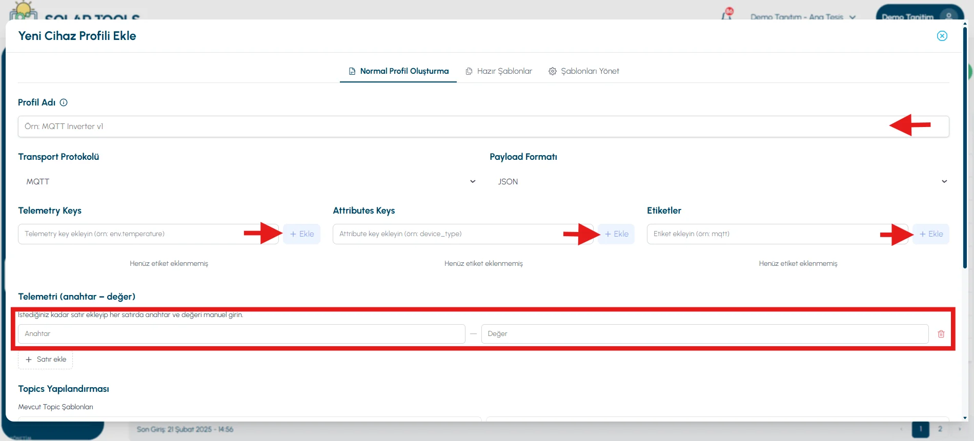 Normal Profile Creation form — Profile Name, Transport Protocol, Telemetry Keys
