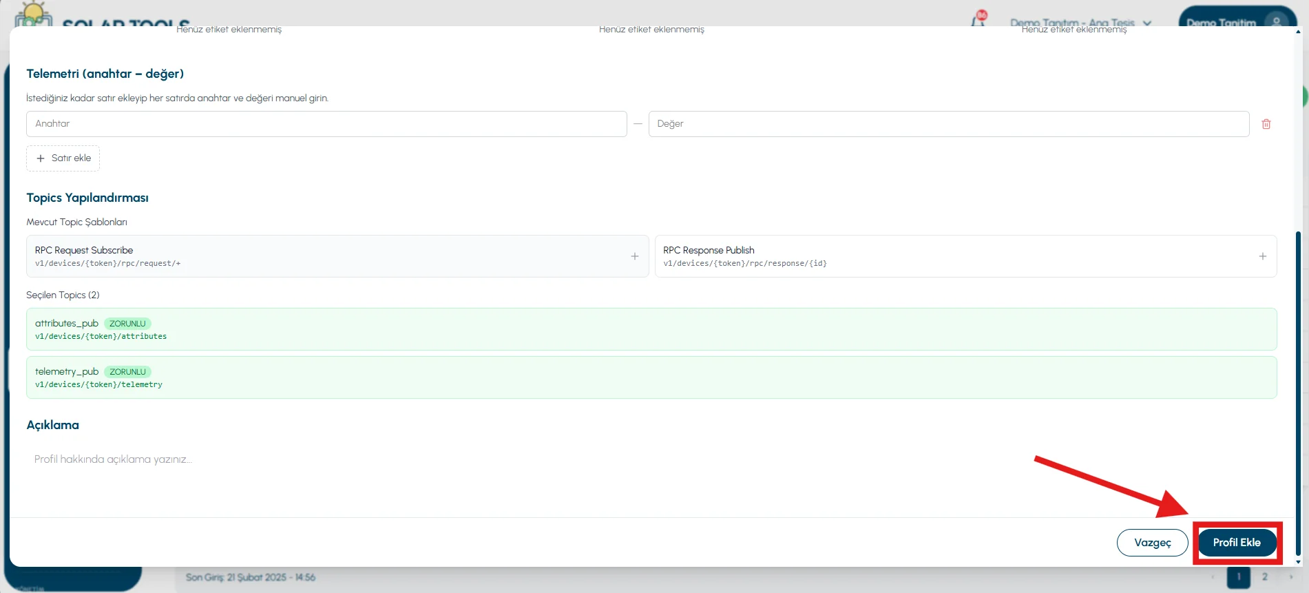 Normal Profile form continued — Topics configuration and Description