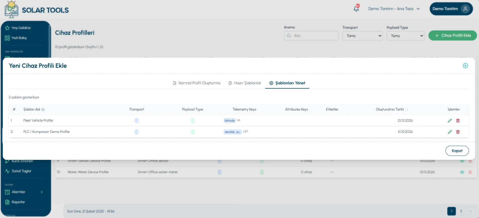Manage Templates tab — edit or delete existing templates