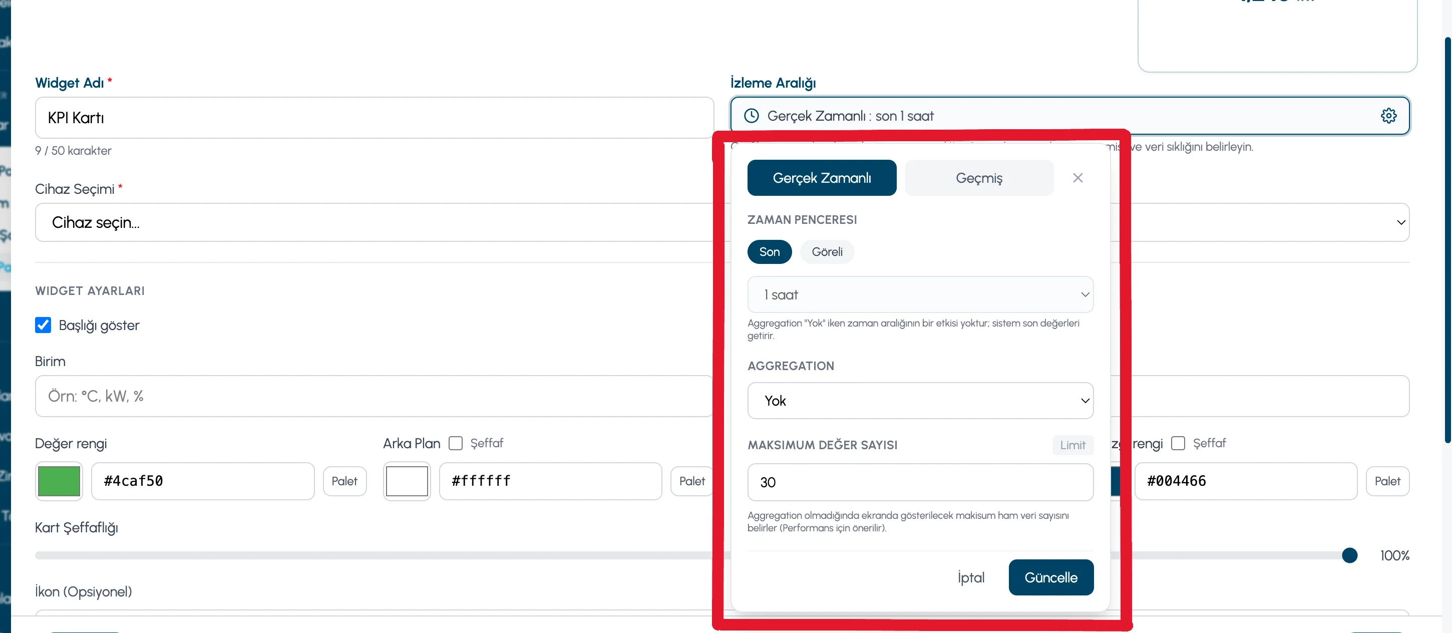 İzleme aralığı — modal üzerinde konum