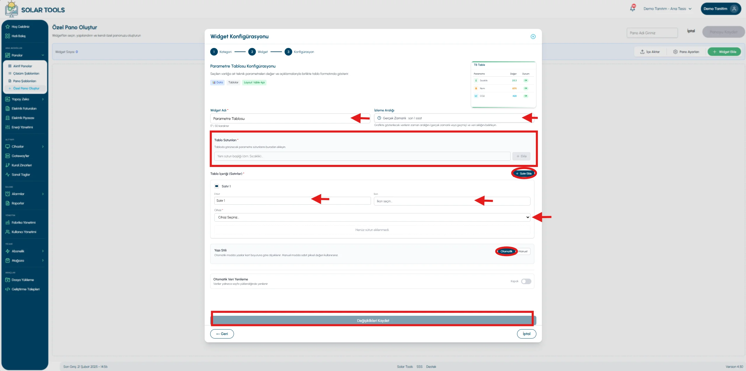 Parameter table — view 2