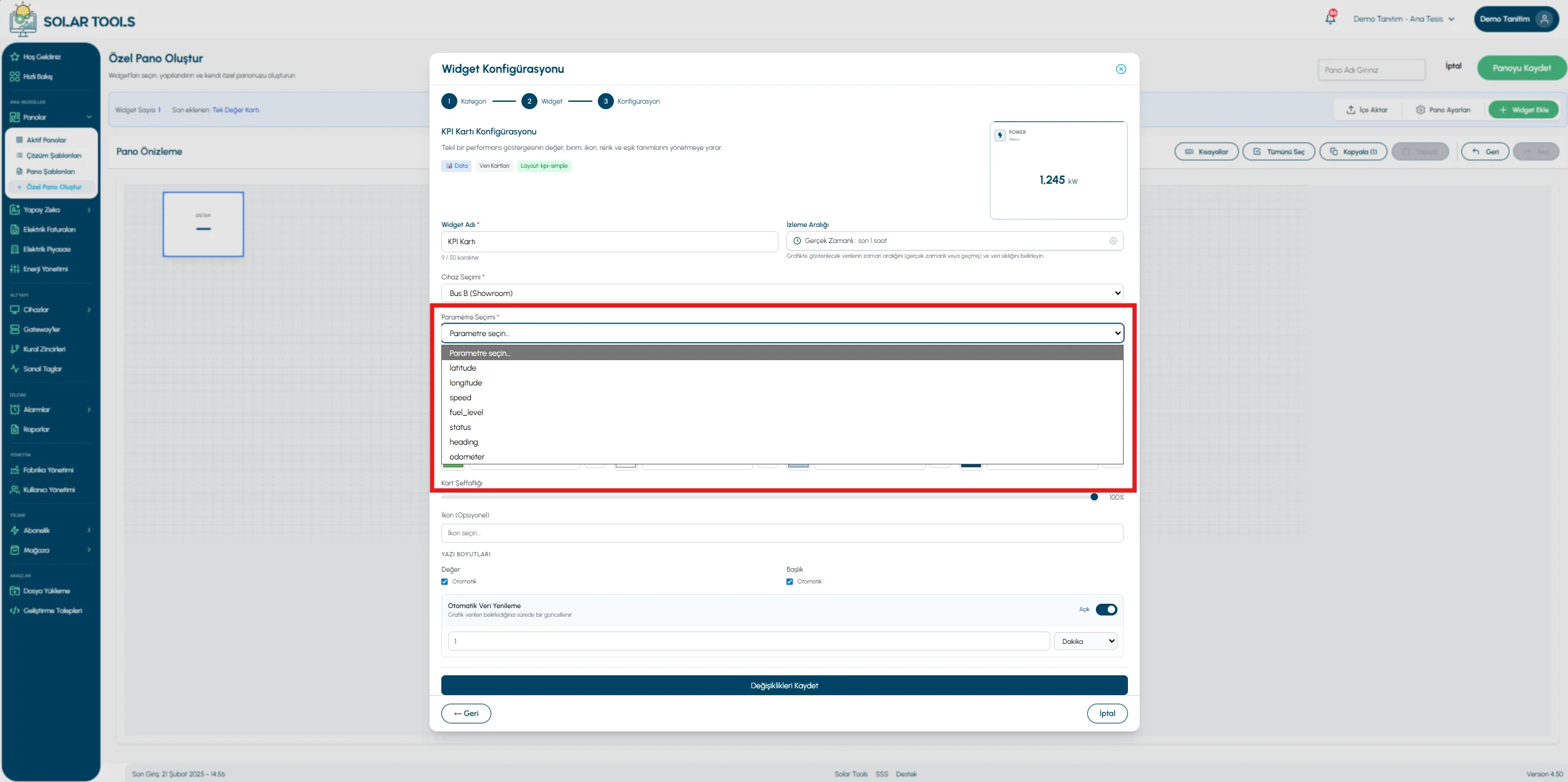 Parameter selection — dropdown open